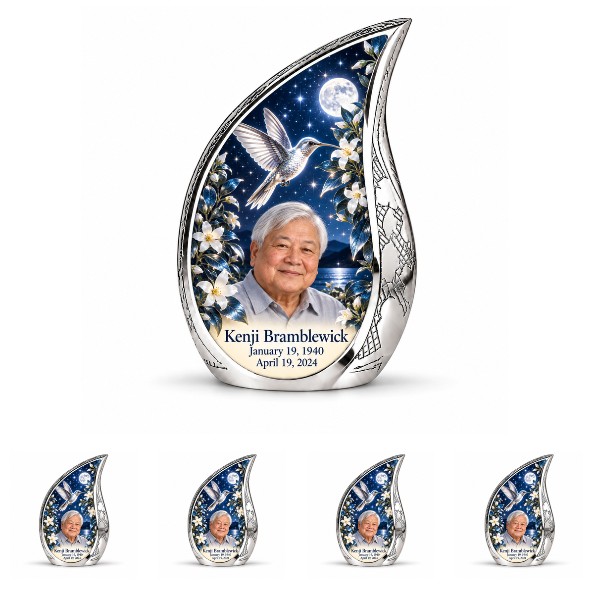10 inch large Urn with 4 Keepsake 3 Inch Urns; Etched silver Curved Drop with silver hummingbird, white blossoms, starry night and Kenji Bramblewick portrait.