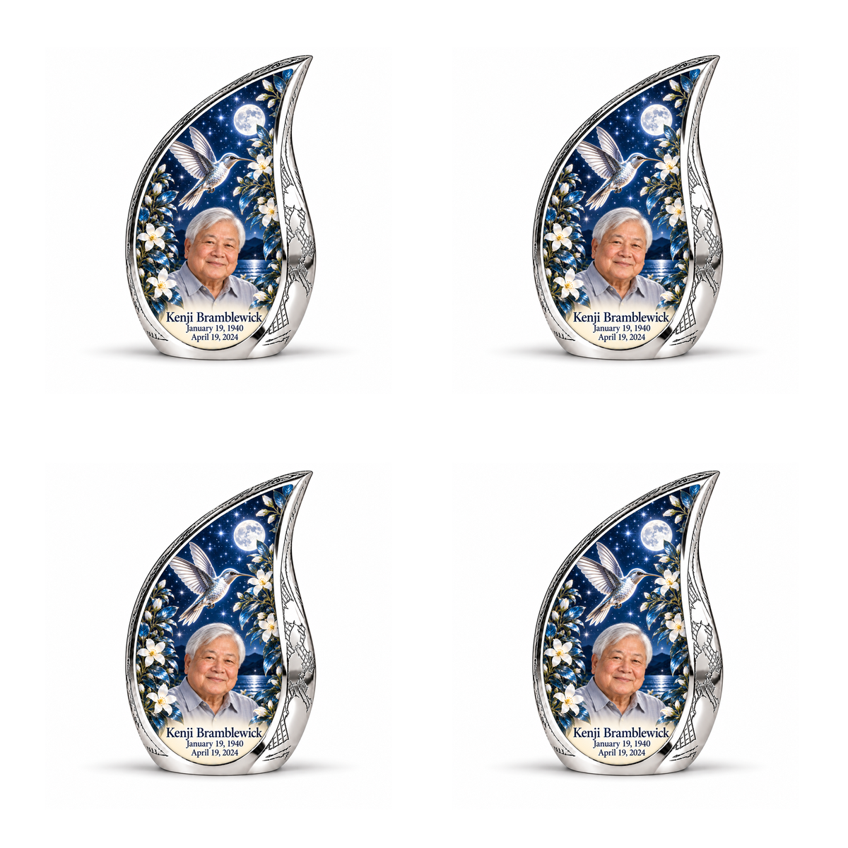 4 Keepsake 3 inch Urns; Etched silver Curved Drop with silver hummingbird, white blossoms, starry night and Kenji Bramblewick portrait.