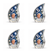 4 Keepsake 3 inch Urns; Etched silver Curved Drop with silver hummingbird, white blossoms, starry night and Kenji Bramblewick portrait.