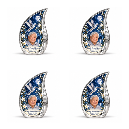 4 Keepsake 3 inch Urns; Etched silver Curved Drop with silver hummingbird, white blossoms, starry night and Kenji Bramblewick portrait.