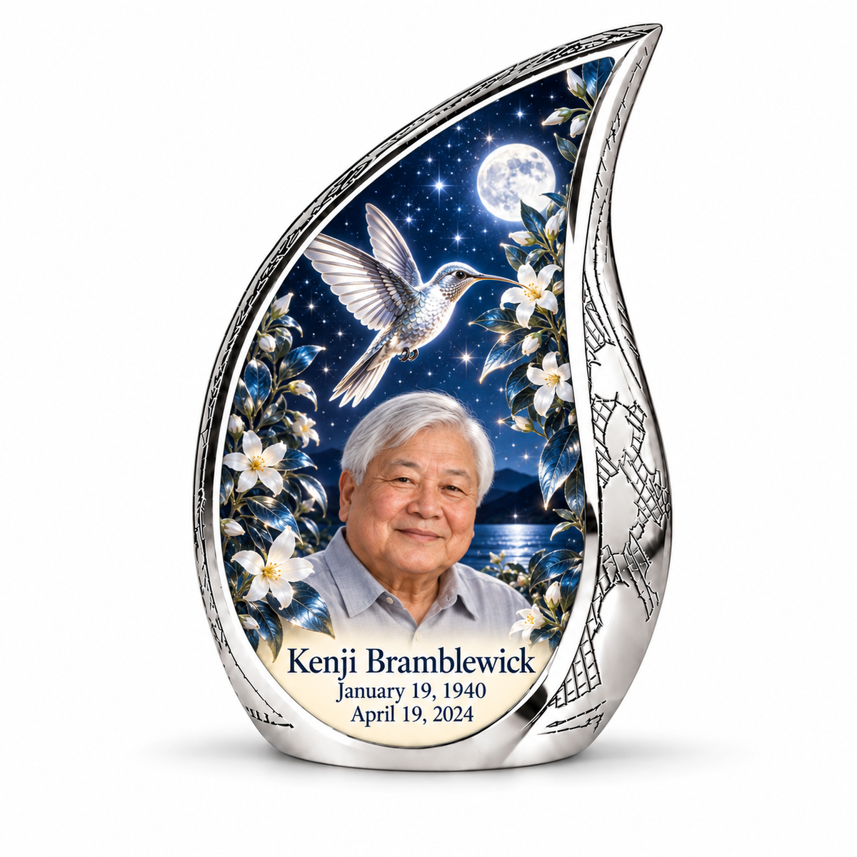10 inch large Urn; Etched silver Curved Drop with silver hummingbird, white blossoms, starry night and Kenji Bramblewick portrait.