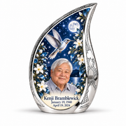 1 Keepsake 3 inch Urn; Etched silver Curved Drop with silver hummingbird, white blossoms, starry night and Kenji Bramblewick portrait.