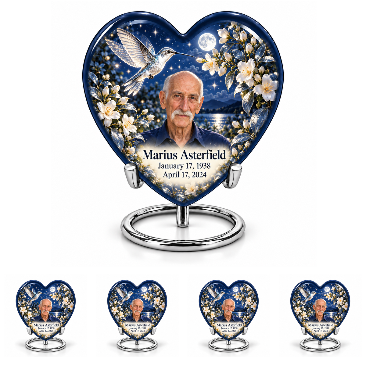10 inch large Urn with 4 Keepsake 3 Inch Urns; Navy Heart urn on silver ring stand with silver hummingbird, starry garden and Marius Asterfield portrait.