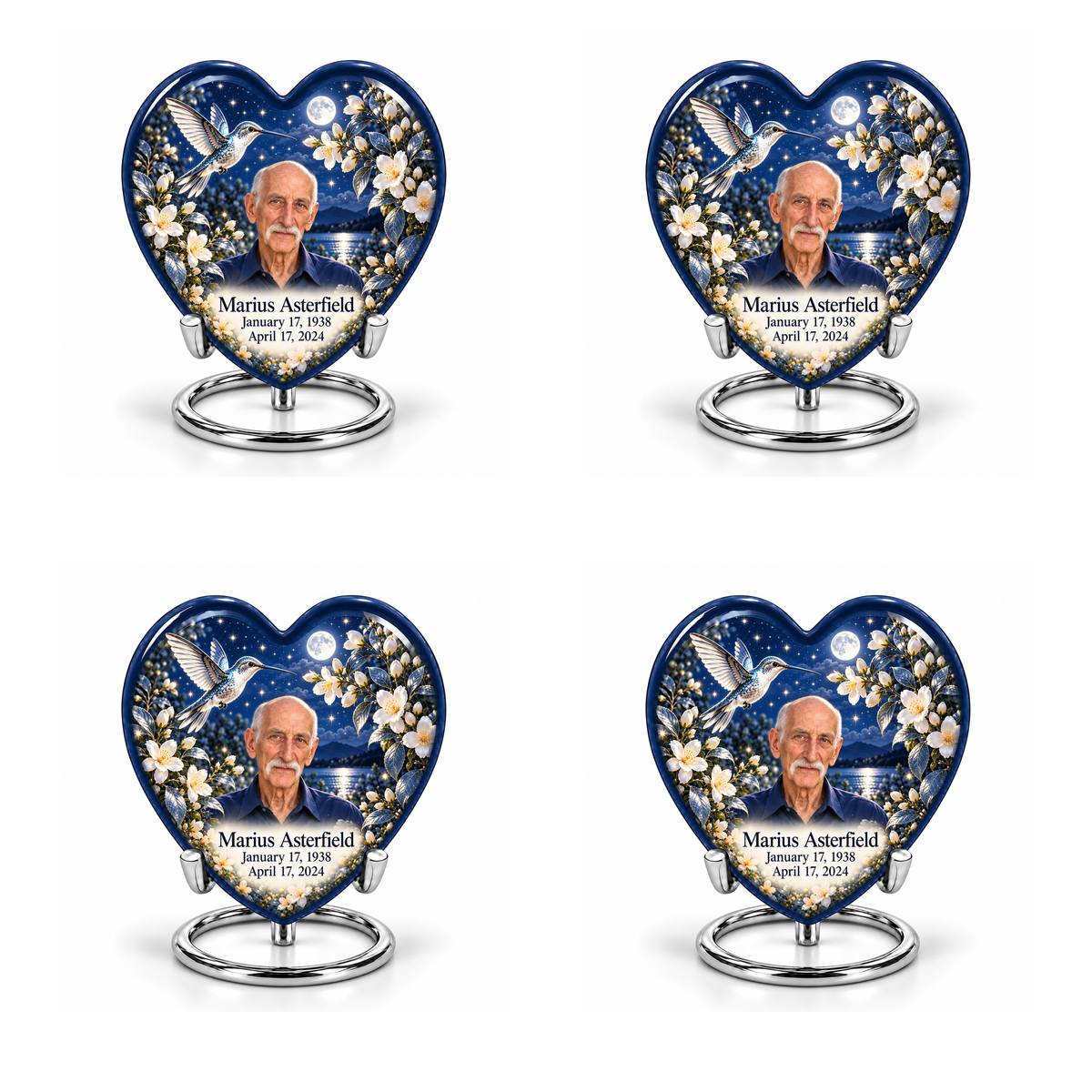 4 Keepsake 3 inch Urns; Navy Heart urn on silver ring stand with silver hummingbird, starry garden and Marius Asterfield portrait.