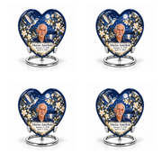 4 Keepsake 3 inch Urns; Navy Heart urn on silver ring stand with silver hummingbird, starry garden and Marius Asterfield portrait.