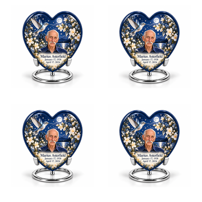 4 Keepsake 3 inch Urns; Navy Heart urn on silver ring stand with silver hummingbird, starry garden and Marius Asterfield portrait.