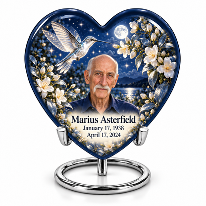 10 inch large Urn; Navy Heart urn on silver ring stand with silver hummingbird, starry garden and Marius Asterfield portrait.