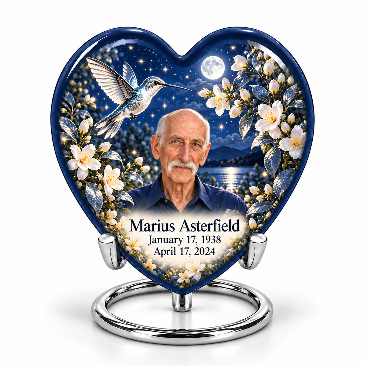 1 Keepsake 3 inch Urn; Navy Heart urn on silver ring stand with silver hummingbird, starry garden and Marius Asterfield portrait.