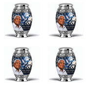 4 Keepsake 3 inch Urns, Monar memorial urn with silver-blue hummingbird and starlit moonflowers, Tobias Fairhaven portrait, January 16, 1945 to February 16, 2021.