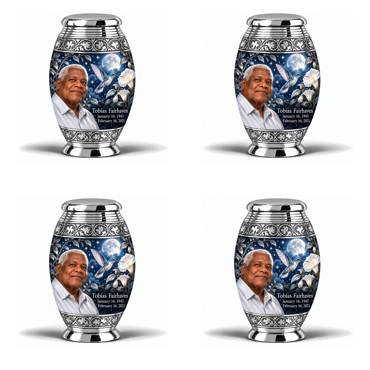 4 Keepsake 3 inch Urns, Monar memorial urn with silver-blue hummingbird and starlit moonflowers, Tobias Fairhaven portrait, January 16, 1945 to February 16, 2021.