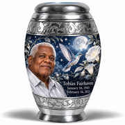 10 inch large Urn, Monar memorial urn with silver-blue hummingbird and starlit moonflowers, Tobias Fairhaven portrait, January 16, 1945 to February 16, 2021.
