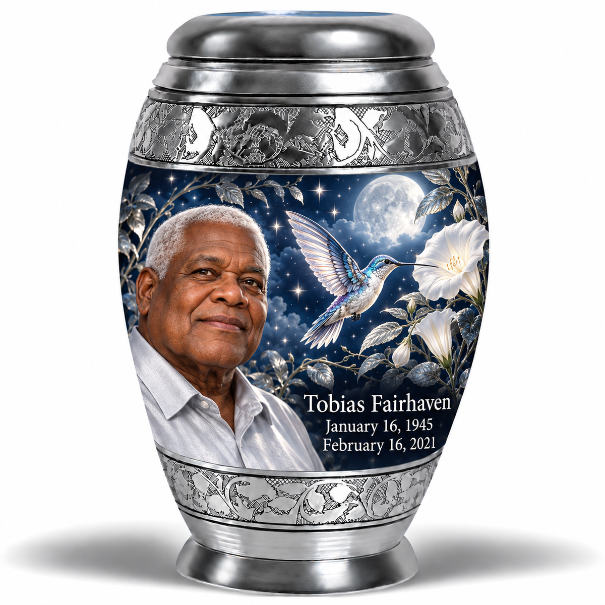 10 inch large Urn, Monar memorial urn with silver-blue hummingbird and starlit moonflowers, Tobias Fairhaven portrait, January 16, 1945 to February 16, 2021.