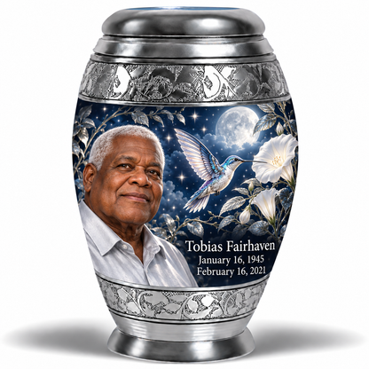 10 inch large Urn, Monar memorial urn with silver-blue hummingbird and starlit moonflowers, Tobias Fairhaven portrait, January 16, 1945 to February 16, 2021.