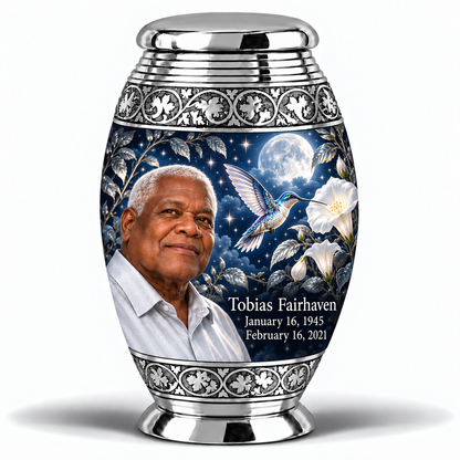 1 Keepsake 3 inch Urn, Monar memorial urn with silver-blue hummingbird and starlit moonflowers, Tobias Fairhaven portrait, January 16, 1945 to February 16, 2021.