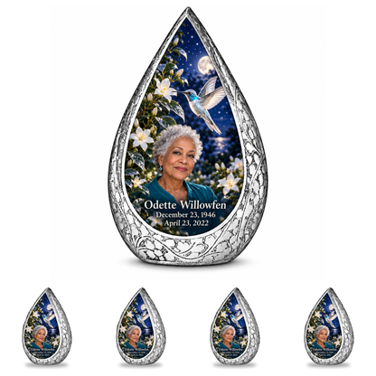 10 inch large Urn with 4 Keepsake 3 Inch Urns Straight Drop memorial urn, starlit silver hummingbird and jasmine, Odette Willowfen portrait and full memorial dates, white background.