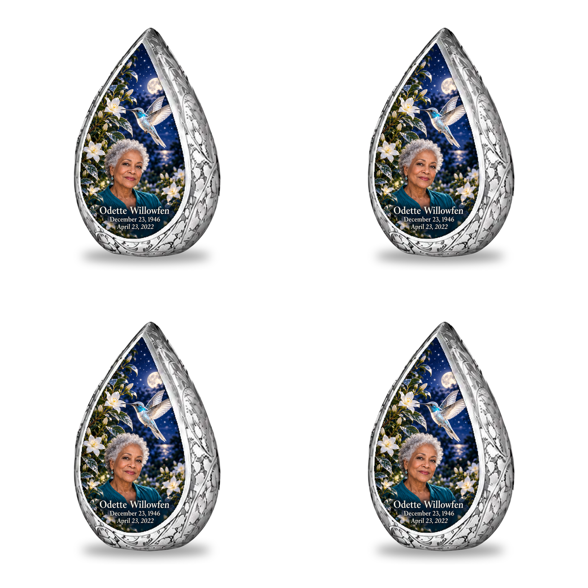 4 Keepsake 3 inch Urns Straight Drop memorial urn, starlit silver hummingbird and jasmine, Odette Willowfen portrait and full memorial dates, white background.