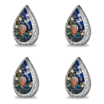 4 Keepsake 3 inch Urns Straight Drop memorial urn, starlit silver hummingbird and jasmine, Odette Willowfen portrait and full memorial dates, white background.