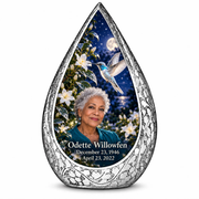 10 inch large Urn Straight Drop memorial urn, starlit silver hummingbird and jasmine, Odette Willowfen portrait and full memorial dates, white background.