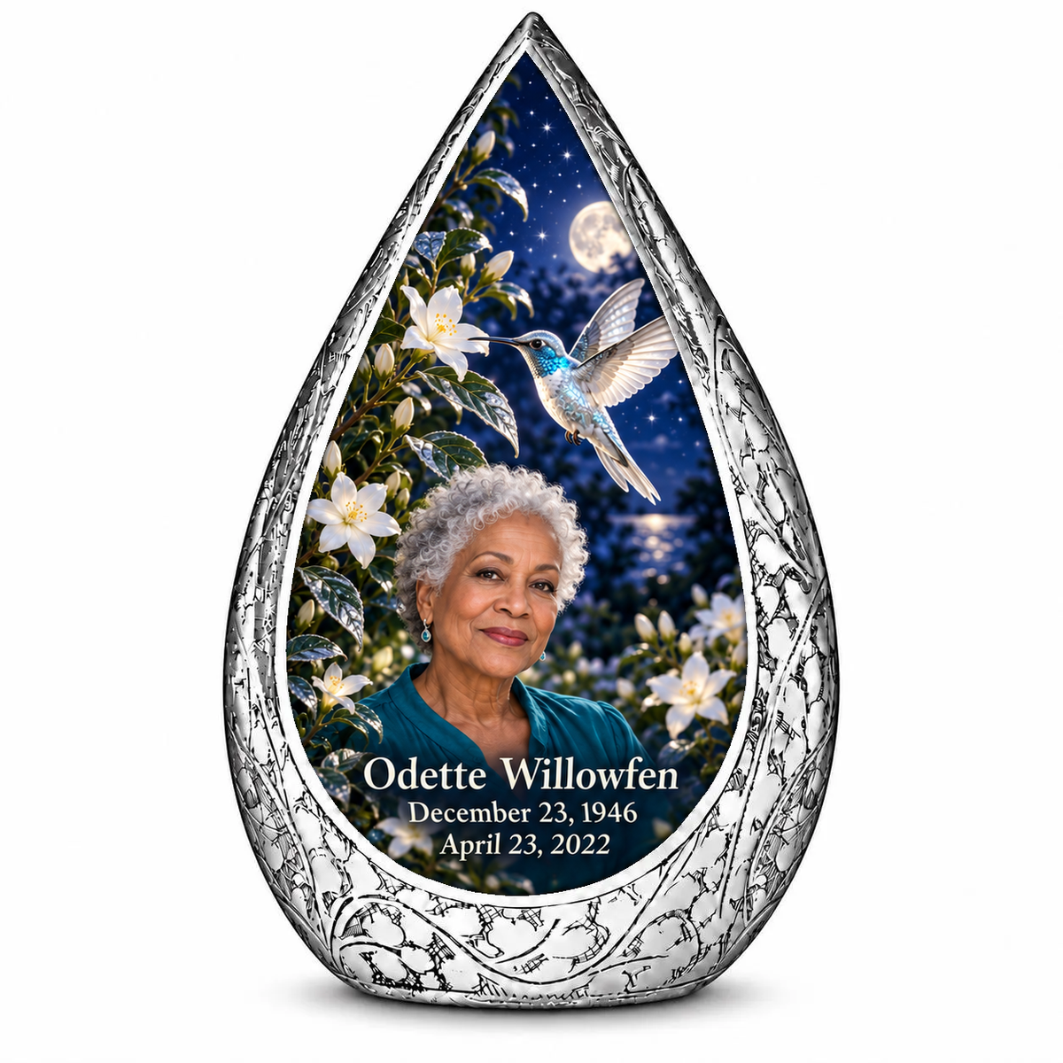 10 inch large Urn Straight Drop memorial urn, starlit silver hummingbird and jasmine, Odette Willowfen portrait and full memorial dates, white background.