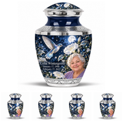10 inch large Urn with 4 Keepsake 3 Inch Urns, Tasty memorial urn with silver-blue hummingbird and starlit moonflowers, Celia Wintergrove portrait, January 17, 1946 to February 17, 2022.