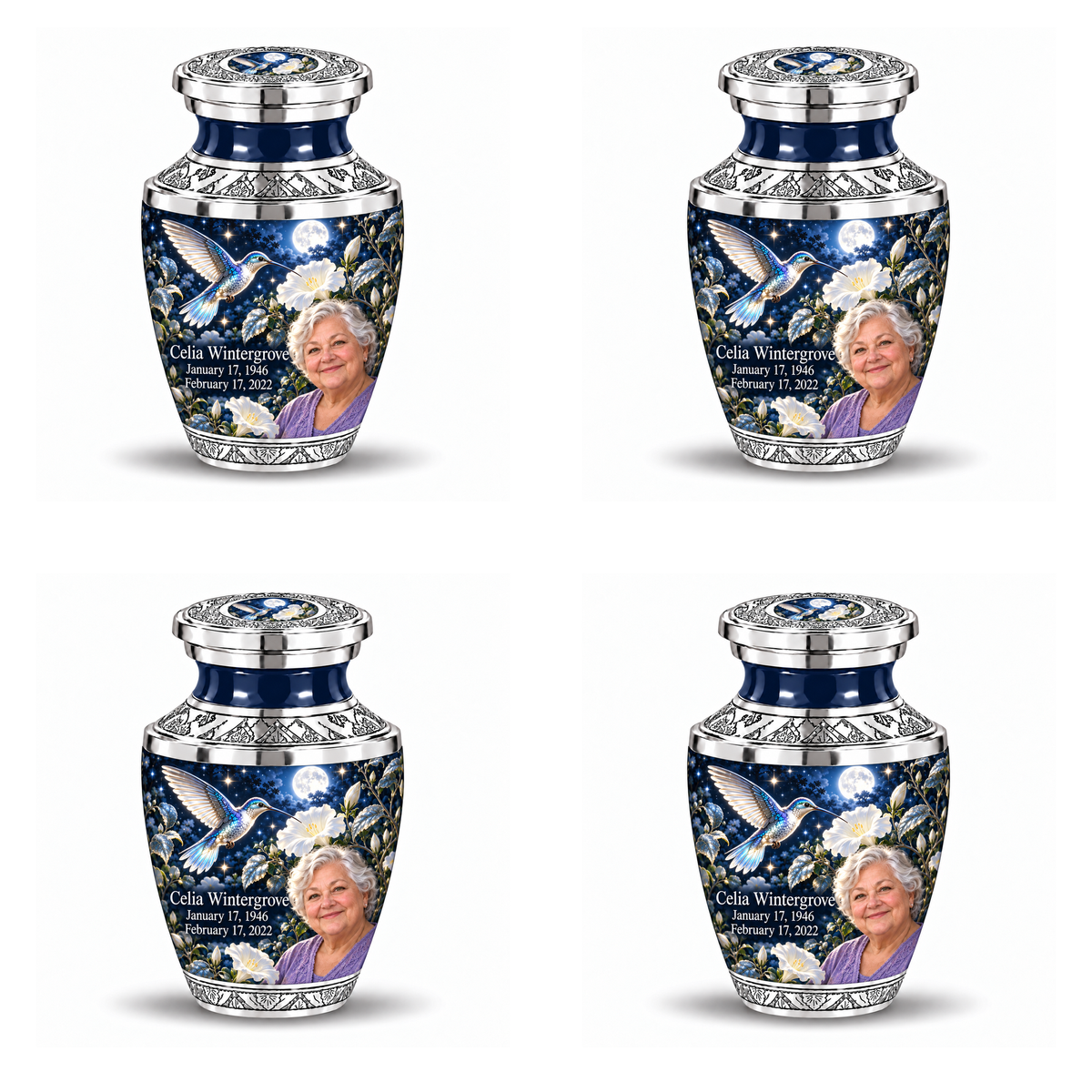 4 Keepsake 3 inch Urns, Tasty memorial urn with silver-blue hummingbird and starlit moonflowers, Celia Wintergrove portrait, January 17, 1946 to February 17, 2022.