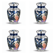 4 Keepsake 3 inch Urns, Tasty memorial urn with silver-blue hummingbird and starlit moonflowers, Celia Wintergrove portrait, January 17, 1946 to February 17, 2022.