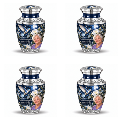 4 Keepsake 3 inch Urns, Tasty memorial urn with silver-blue hummingbird and starlit moonflowers, Celia Wintergrove portrait, January 17, 1946 to February 17, 2022.