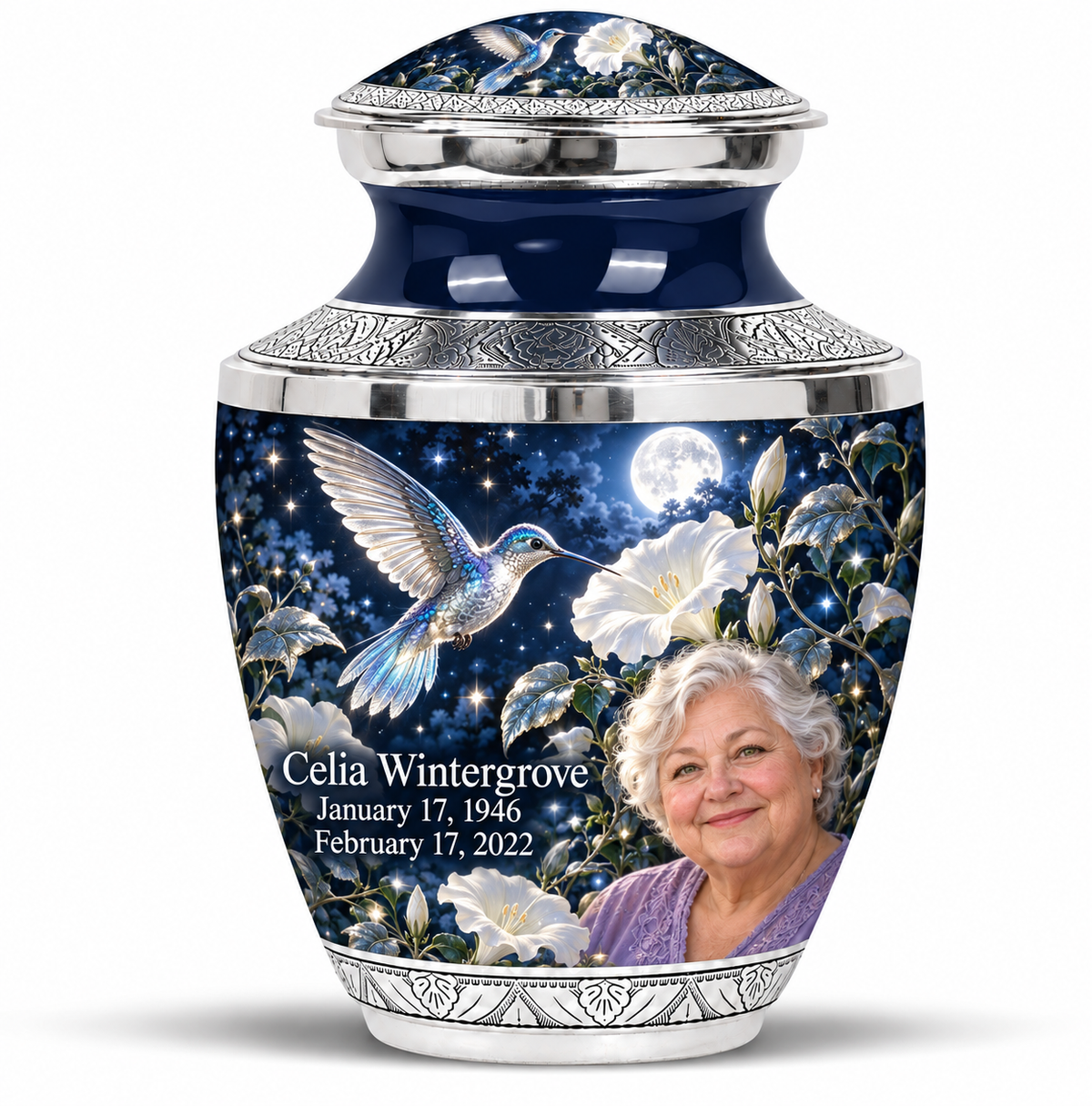 10 inch large Urn, Tasty memorial urn with silver-blue hummingbird and starlit moonflowers, Celia Wintergrove portrait, January 17, 1946 to February 17, 2022.