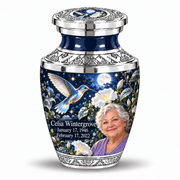 1 Keepsake 3 inch Urn, Tasty memorial urn with silver-blue hummingbird and starlit moonflowers, Celia Wintergrove portrait, January 17, 1946 to February 17, 2022.