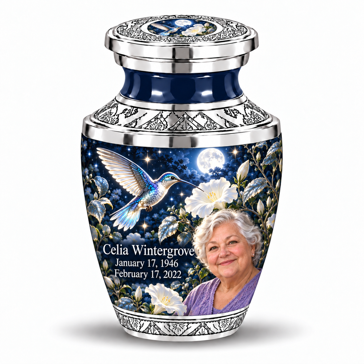 1 Keepsake 3 inch Urn, Tasty memorial urn with silver-blue hummingbird and starlit moonflowers, Celia Wintergrove portrait, January 17, 1946 to February 17, 2022.