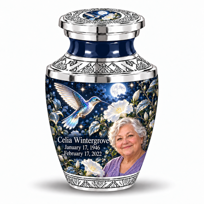 1 Keepsake 3 inch Urn, Tasty memorial urn with silver-blue hummingbird and starlit moonflowers, Celia Wintergrove portrait, January 17, 1946 to February 17, 2022.