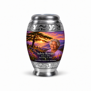 Monar Tree of Life urn, 10 inch large Urn, mountain cedar and sunrise artwork with fictional example portrait and full dates