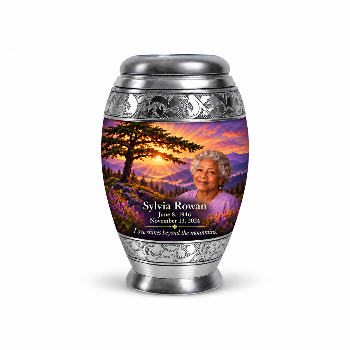 Monar Tree of Life urn, 10 inch large Urn, mountain cedar and sunrise artwork with fictional example portrait and full dates