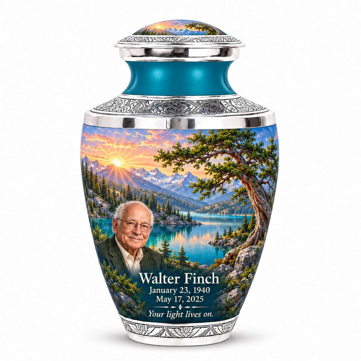 Tasty Tree of Life urn, 10 inch large Urn, mountain cedar and sunrise artwork with fictional example portrait and full dates