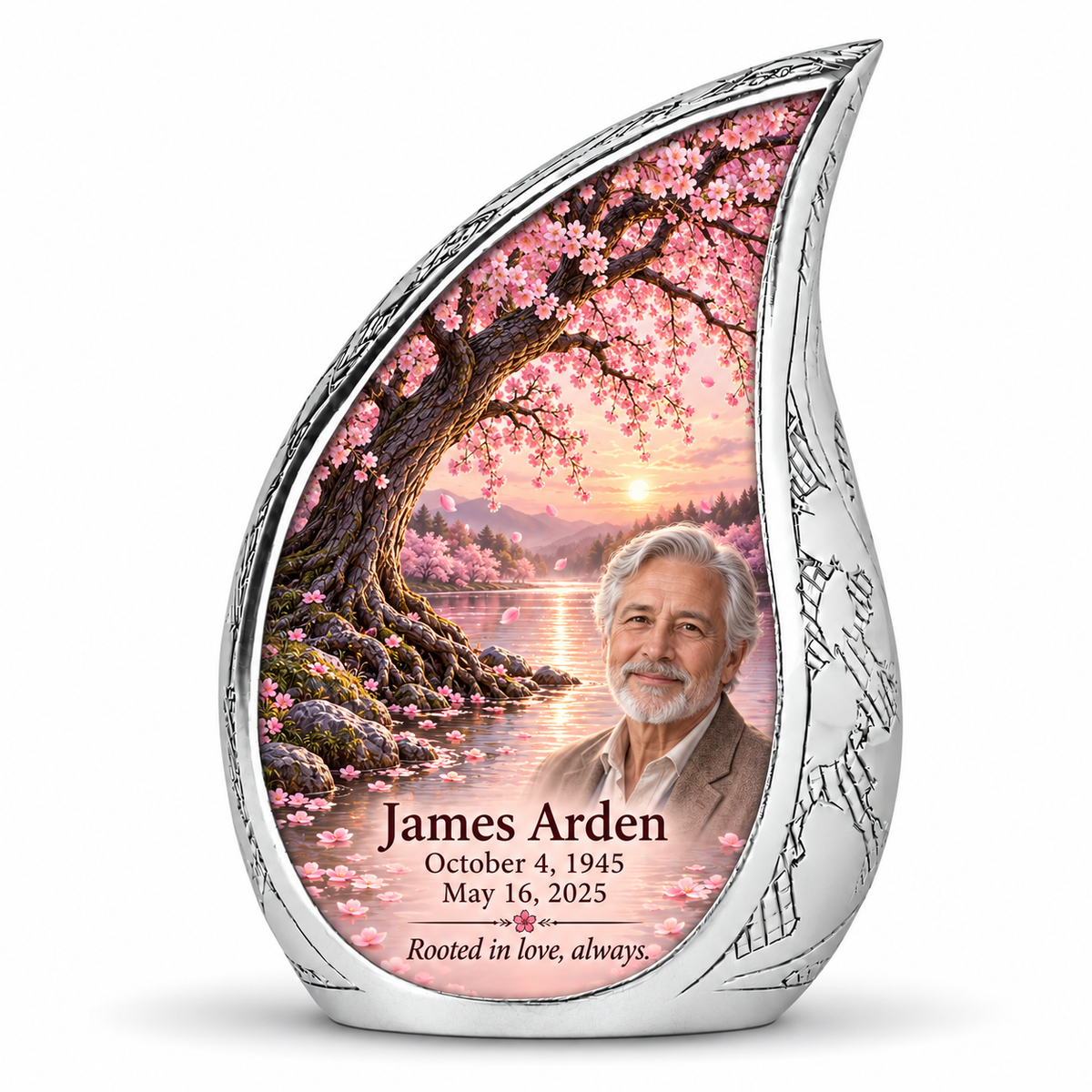 Personalized Tree of Life Curved Drop urn, 10 inch large Urn; fictional portrait example