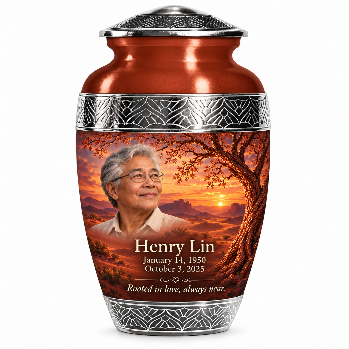 Personalized Tree of Life Premium Classic urn, 10 inch large Urn; fictional portrait example