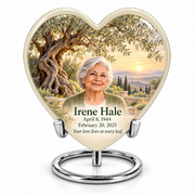Ancient olive tree and soft ivory personalized Heart urn, 10 inch large Urn; fictional portrait example