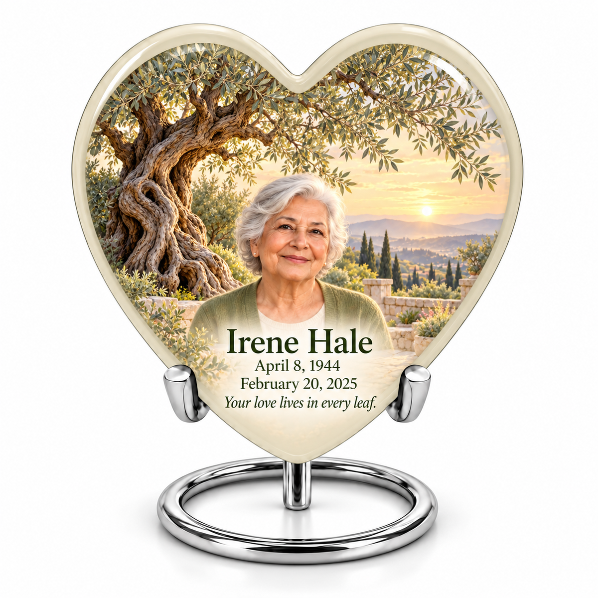 Ancient olive tree and soft ivory personalized Heart urn, 10 inch large Urn; fictional portrait example