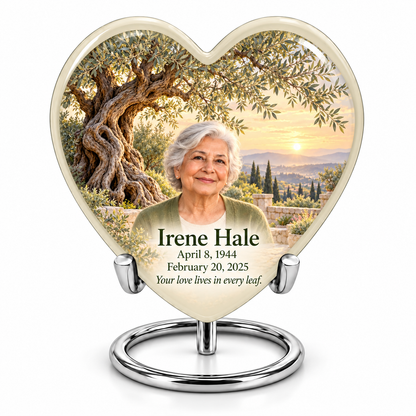 Ancient olive tree and soft ivory personalized Heart urn, 10 inch large Urn; fictional portrait example