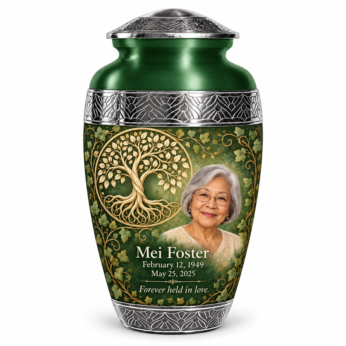 Personalized Tree of Life Premium Classic urn, 10 inch large Urn; fictional portrait example