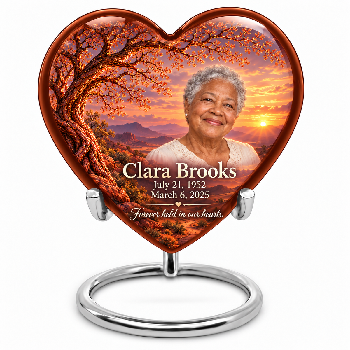 Personalized Tree of Life Heart urn, 10 inch large Urn; fictional portrait example