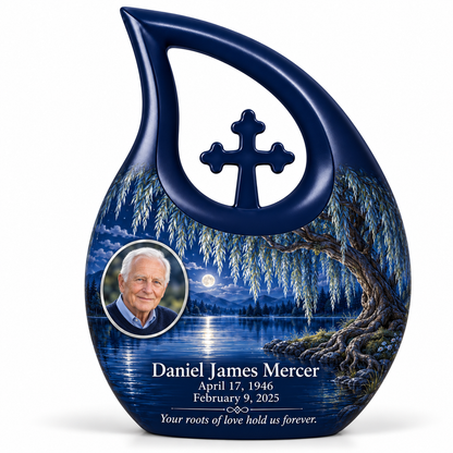 Personalized Tree of Life Cross Drop urn, 10 inch large Urn; fictional portrait example