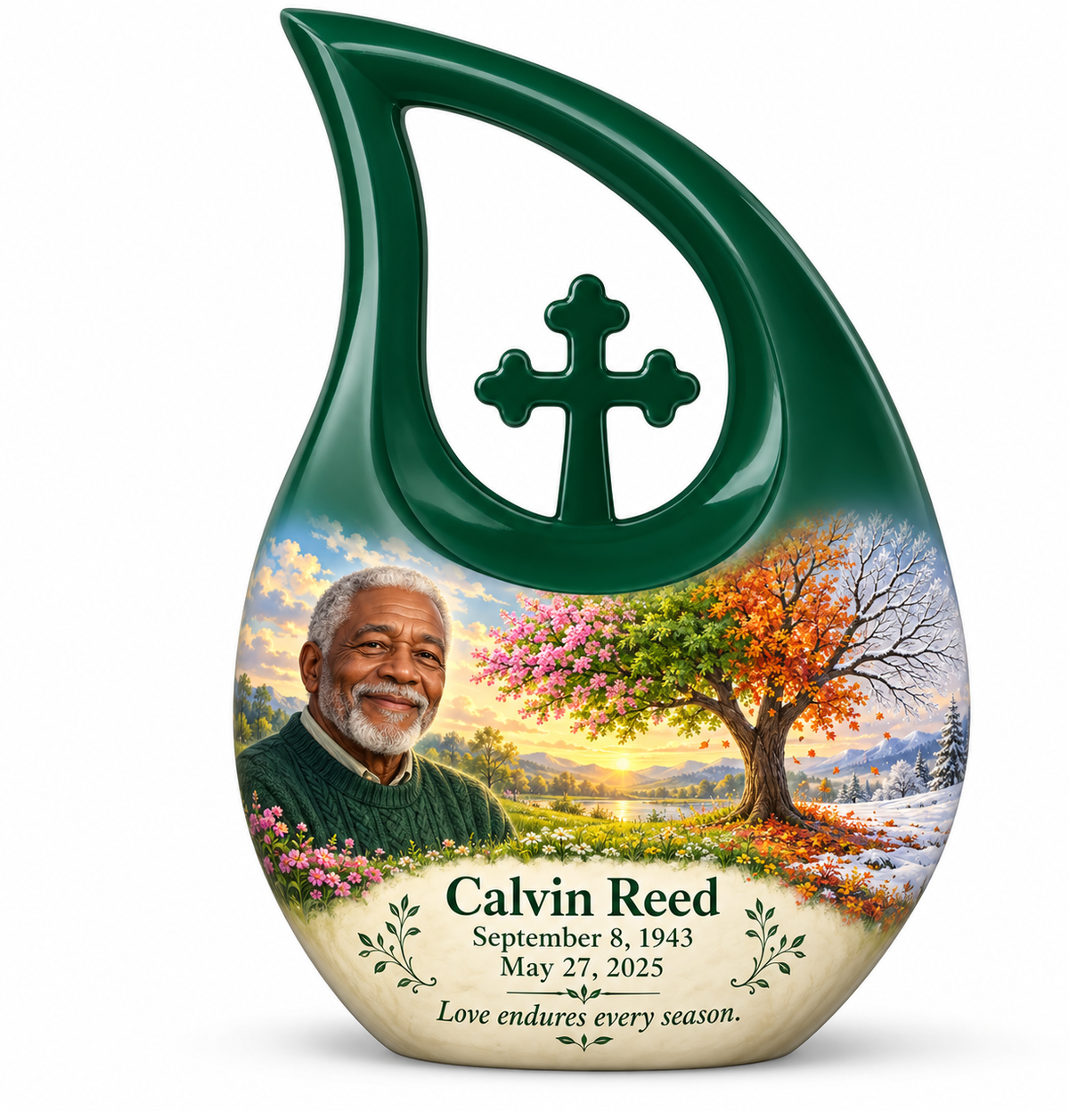 Personalized Tree of Life Cross Drop urn, 10 inch large Urn; fictional portrait example