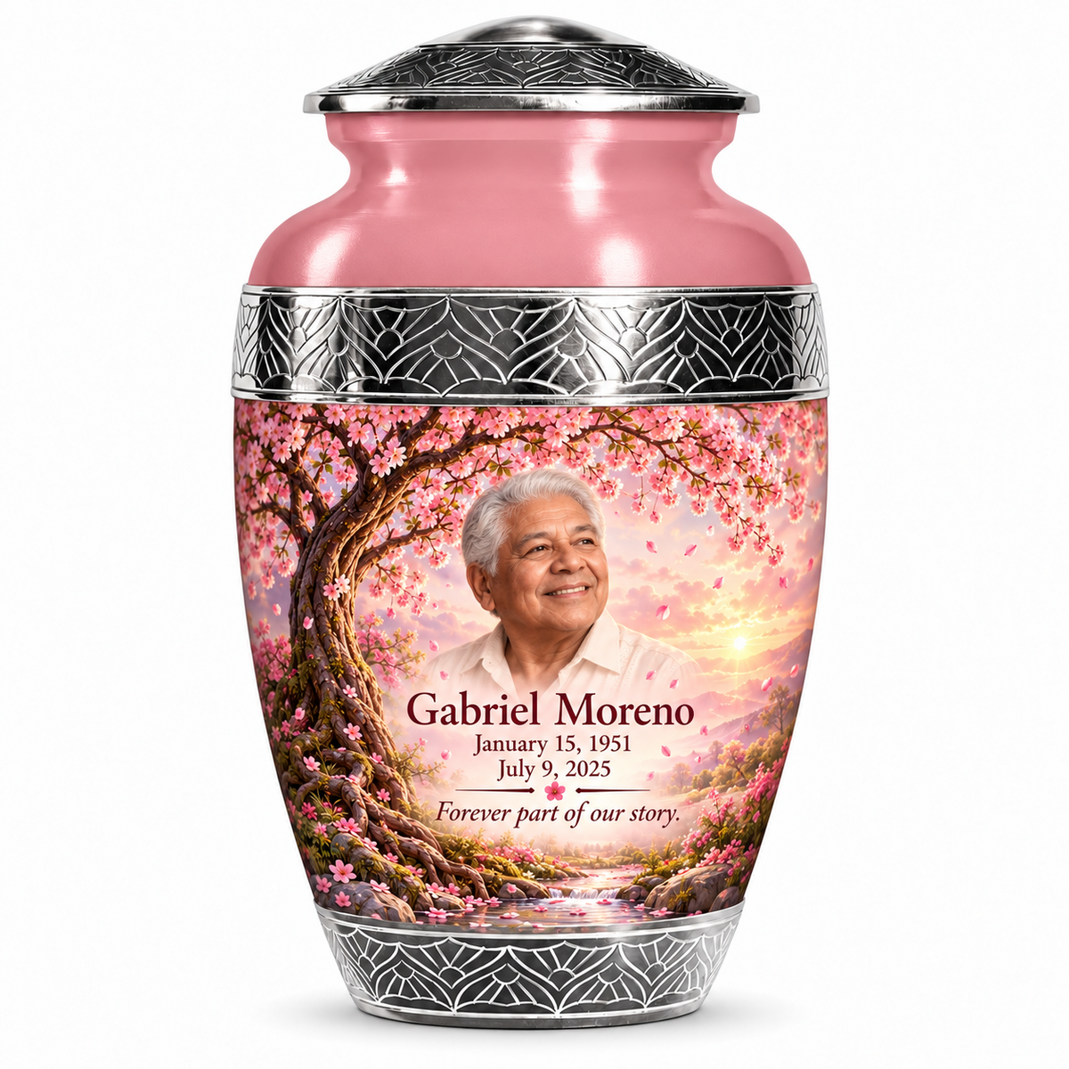 Personalized Tree of Life Premium Classic urn, 10 inch large Urn; fictional portrait example