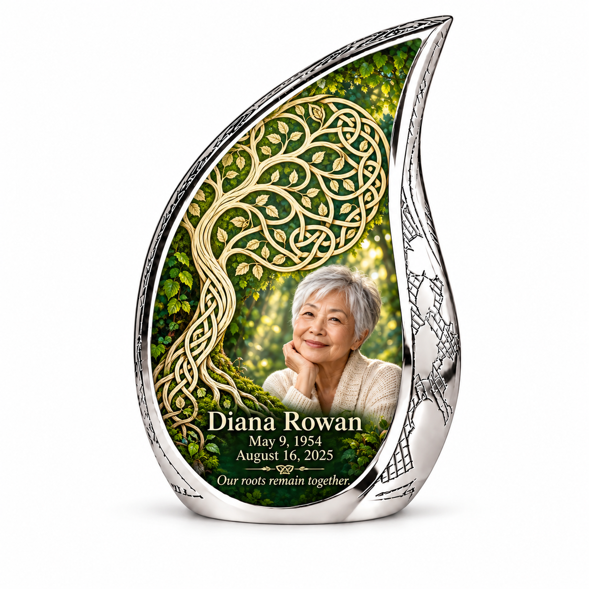 Celtic moss green personalized Tree of Life Curved Drop urn, 10 inch large Urn; fictional portrait example