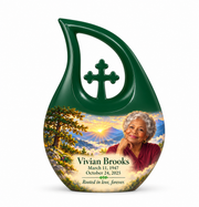 Cross Drop Tree of Life urn, 10 inch large Urn, mountain cedar and sunrise artwork with fictional example portrait and full dates