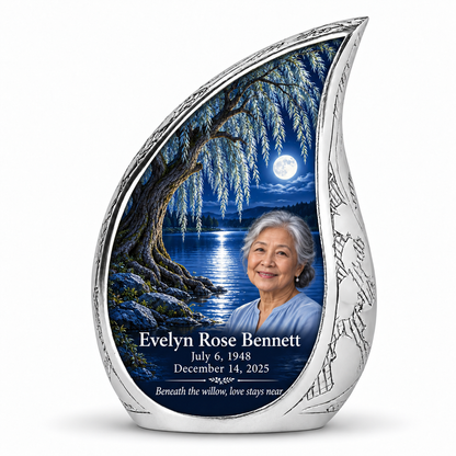 Personalized Tree of Life Curved Drop urn, 10 inch large Urn; fictional portrait example