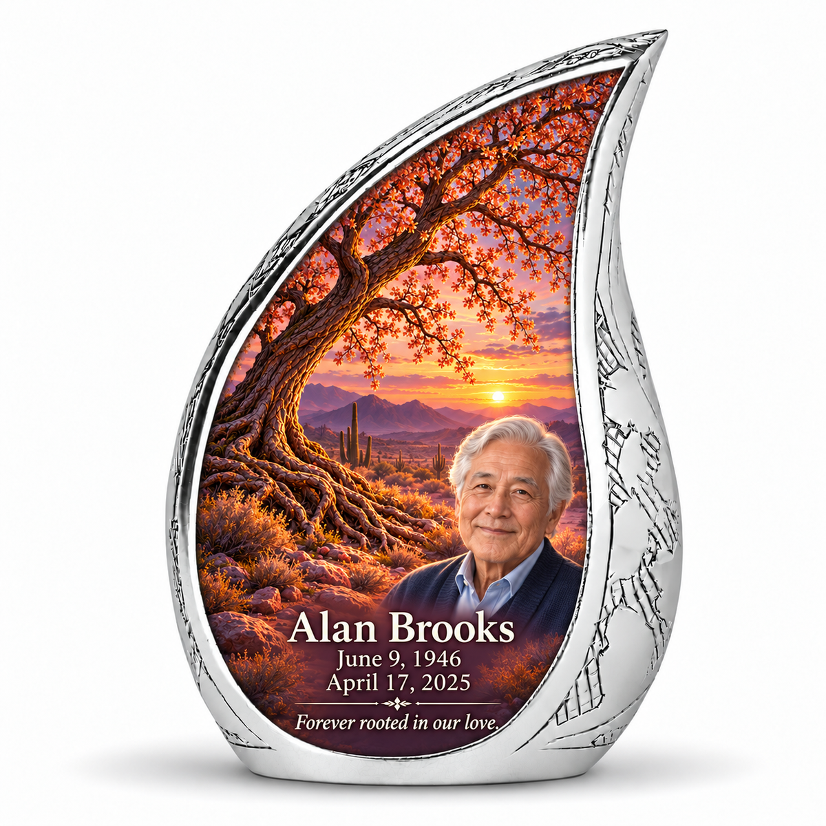 Personalized Tree of Life Curved Drop urn, 10 inch large Urn; fictional portrait example