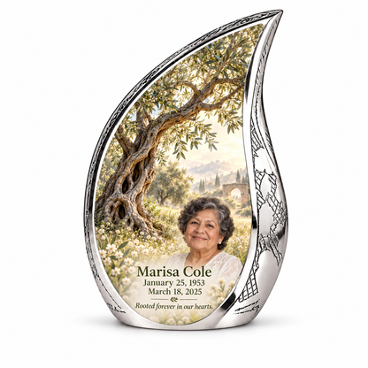 Ancient olive tree and soft ivory personalized Curved Drop urn, 10 inch large Urn; fictional portrait example