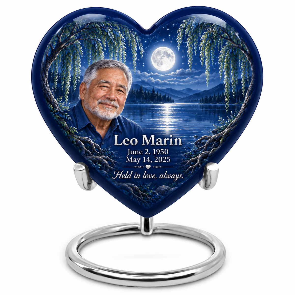 Personalized Tree of Life Heart urn, 10 inch large Urn; fictional portrait example